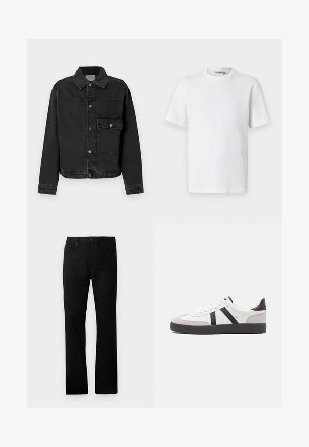 Veste en denim noir avec un bouton frontal, une poche poitrine et un col classique. Présente des coutures visibles et un tissu texturé.; T-shirt blanc à manches courtes en maille gaufrée avec col rond, petite étiquette de marque à l'intérieur du col, présenté sur un fond uni.; Jean noir à jambe droite en denim, avec une fermeture à bouton à l'avant, deux poches latérales et une texture lisse.; Baskets blanches avec des accents noirs et gris, présentant un embout texturé gris, une semelle en caoutchouc noir et des lacets plats blancs. Design épuré, style minimaliste.