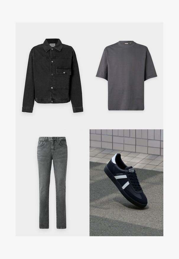 Sort denimjakke med knaplukning fortil, brystlomme og klassisk krave. Har synlige stikninger og struktureret stof.; Mørkegrå T-shirt med korte ærmer og rund hals, med enkelt design og glat stoftekstur.; Grå denim jeans med straight leg pasform, fem-lomme design, subtilt falmet tekstur og bæltesløjfer. Ingen synlig branding eller pynt.; Sort lædersneaker med hvide striber, tekstureret gummisål og snørrebånd foran. Har et brandet mærke på tungen.
