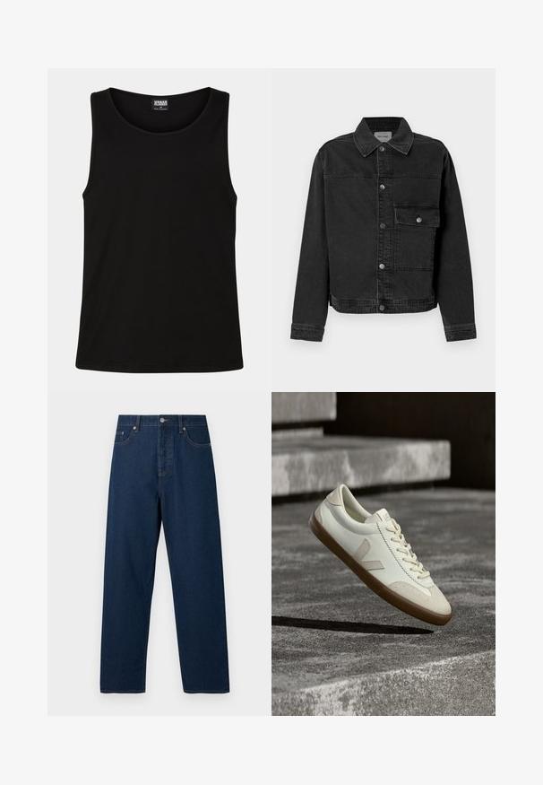 Sort denimjakke med knaplukning fortil, brystlomme og klassisk krave. Har synlige stikninger og struktureret stof.; Sort tanktop lavet af blødt bomuldsstof. Har en rund halsudskæring og brede armhuller, uden synlige mønstre eller accenter.; Mørkeblå denim jeans med lige snit, fem lommer og knaplukning. Har kontrastsy, og en klassisk linning.; Hvide læder sneakers med tanfarvet gummisål, flade snørebånd og V-formet detalje på siden. Har en glat overflade og minimale syninger.