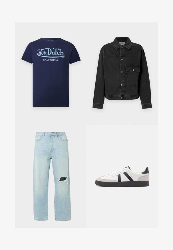 Veste en denim noir avec un bouton frontal, une poche poitrine et un col classique. Présente des coutures visibles et un tissu texturé.; T-shirt bleu marine à manches courtes avec logo "Von Dutch" bleu clair et texte "California" sur le devant.; Jean droit bleu clair avec un large trou déchiré sur la cuisse droite et quelques détails usés sur la cuisse gauche et les ourlets.; Baskets blanches avec des accents noirs et gris, présentant un embout texturé gris, une semelle en caoutchouc noir et des lacets plats blancs. Design épuré, style minimaliste.