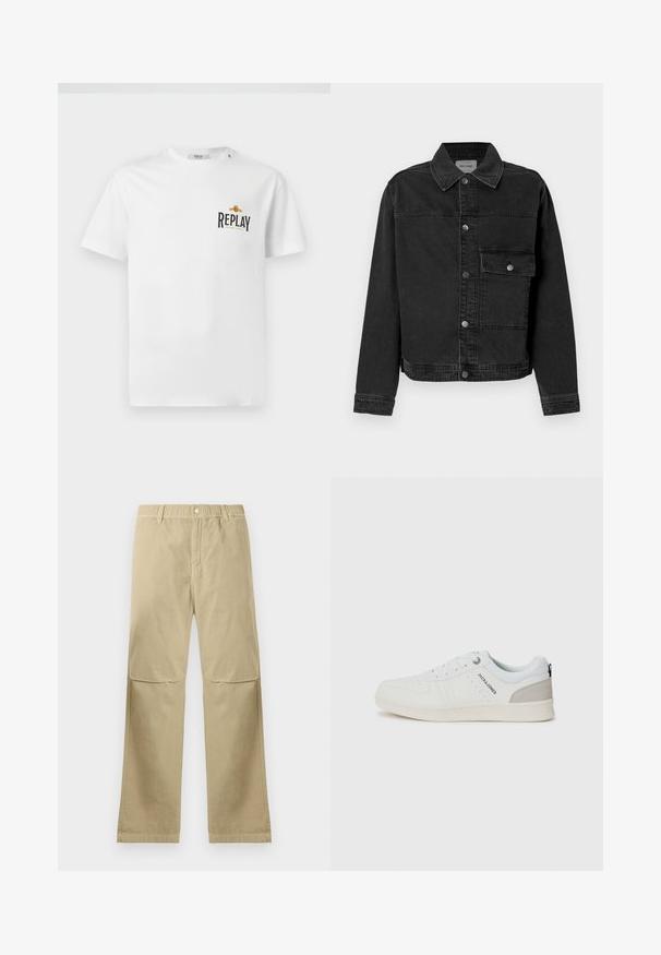 Schwarze Denimjacke mit durchgehender Knopfleiste, einer Brusttasche und klassischem Kragen. Verfügt über sichtbare Nähte und strukturierten Stoff.; Weißes Baumwoll-T-Shirt mit kurzen Ärmeln, das auf der linken Brust ein schwarzes und goldenes "REPLAY GRAND HOTEL"-Logo zeigt. Einfaches Design, normale Passform.; Beige gerade geschnittene Hose mit Druckknopfverschluss, Gürtelschlaufen und Nahtdetails an den Knien, flach auf einem weißen Hintergrund ausgelegt.; Weiße lässige Sneakers mit einem durchbrochenen Design und hellgrauen Akzenten, ausgestattet mit Schnürsenkeln und einer Markenkennzeichnung an der Seite, auf einem schlichten Hintergrund präsentiert.