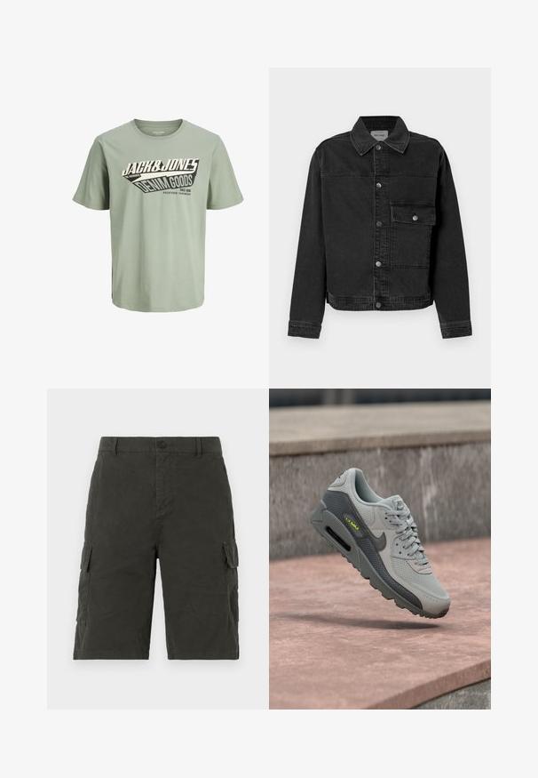 Zwarte denimjack met een knoopsluiting aan de voorkant, borstzak en klassieke kraag. Bevat zichtbare stiksels en een gestructureerde stof.; Lichtgroene katoenen t-shirt met een zwart-wit grafisch ontwerp dat tekst bevat. Ronde hals, korte mouwen en een rechte zoom.; Donkergroene cargoshorts van een lichte stof, met twee zijzakken en een knoopsluiting bij de taille.; Grijze Nike Air Max sneaker met zwarte swoosh, mesh- en lederen details, zwevend boven een rozeachtige stenen ondergrond en betonnen achtergrond.