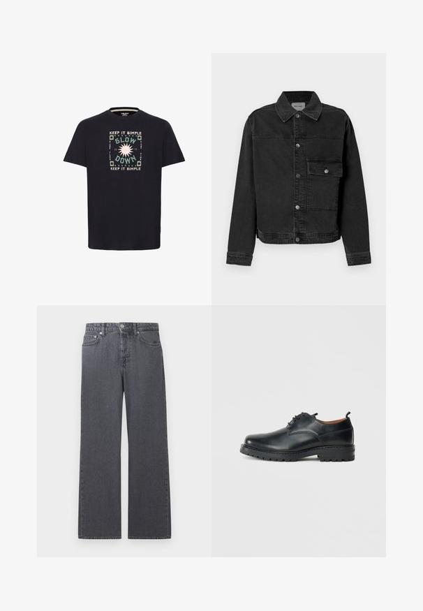Schwarze Denimjacke mit durchgehender Knopfleiste, einer Brusttasche und klassischem Kragen. Verfügt über sichtbare Nähte und strukturierten Stoff.; Schwarzes Baumwoll-T-Shirt mit einem farbenfrohen Grafikdesign, das den Text "HALT ES EINFACH" und "VERLANGSAME" umgeben von kreisförmigen Mustern zeigt.; Dunkelgraue Denim-Jeans mit geradem Bein, hoher Taille, Vorderknopf, Reißverschluss und Fünf-Taschen-Design vor weißem Hintergrund.; Schwarze Leder Derby-Schuhe mit glatter Textur, runder Zehenform, Schnürdesign und einer dicken, robusten Gummisohle.