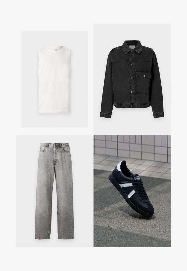 Veste en denim noir avec un bouton frontal, une poche poitrine et un col classique. Présente des coutures visibles et un tissu texturé.; Débardeur blanc sans manches à col rond avec un petit logo GAP à l'intérieur du col arrière, posé à plat sur un fond clair.; Jeans larges gris en denim. Présente une taille haute, cinq poches et une fermeture par bouton et zip. Légère décoloration sur le tissu.; Sneaker en cuir noir avec des rayures blanches, semelle en caoutchouc texturée et devant à lacets. Présente une étiquette de marque sur la languette.