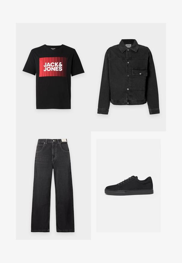 Schwarze Denimjacke mit durchgehender Knopfleiste, einer Brusttasche und klassischem Kragen. Verfügt über sichtbare Nähte und strukturierten Stoff.; Schwarzes T-Shirt mit kurzen Ärmeln, das ein rotes rechteckiges grafisches Design mit vertikalen Linien und dem Text "JACK & JONES" in Weiß zeigt.; Schwarze Jeans mit weitem Bein aus Denim, mit fünf Taschen, kontrastierenden weißen Nähten und einem Knopfverschluss in der Taille.; Schwarzer Low-Top-Sneaker mit Schnürung vorne und flacher Gummisohle, seitlich auf weißem Hintergrund dargestellt.