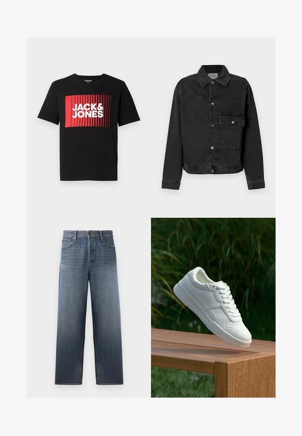 Sort denimjakke med knaplukning fortil, brystlomme og klassisk krave. Har synlige stikninger og struktureret stof.; Sort t-shirt med korte ærmer, der har et rødt rektangulært grafisk design med lodrette linjer og teksten "JACK & JONES" i hvid.; Denimjeans i middelblå med lige ben design, der har fem lommer, knap- og lynlåslukning samt subtile falmeeffekter.; Hvide lædersneakers med en glat overflade, prydet med perforeret design, klassisk snørering og gummisål, placeret over en træoverflade.