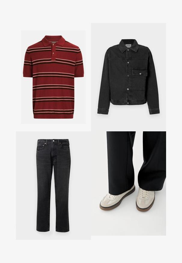 Veste en denim noir avec un bouton frontal, une poche poitrine et un col classique. Présente des coutures visibles et un tissu texturé.; Polo à manches courtes couleur bordeaux avec patte de boutonnage à deux boutons, présentant des rayures horizontales blanches et brun foncé sur le corps et les manches.; Jean en denim noir avec une coupe droite, doté d'une fermeture à bouton et à glissière, de cinq poches et d'accents en métal cuivré.; Pieds portant des baskets beige avec des semelles marron et un pantalon noir à jambes larges sur fond blanc.