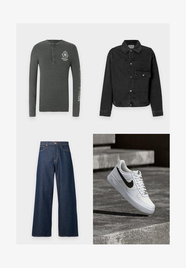 Sort denimjakke med knaplukning fortil, brystlomme og klassisk krave. Har synlige stikninger og struktureret stof.; Langærmet henley skjorte i mørkegrå waffle-strik, med knaplukning og grafisk print på brystet og ærmet.; Vidbenede jeans lavet af mørkt denim med orange syninger, som har fem lommer, en knaplukning foran og en lige silhuet.; Hvid Nike Air Force 1-sneaker med sort swoosh, snørebånd bundet, placeret i luften over tekstureret betonoverflade udendørs.