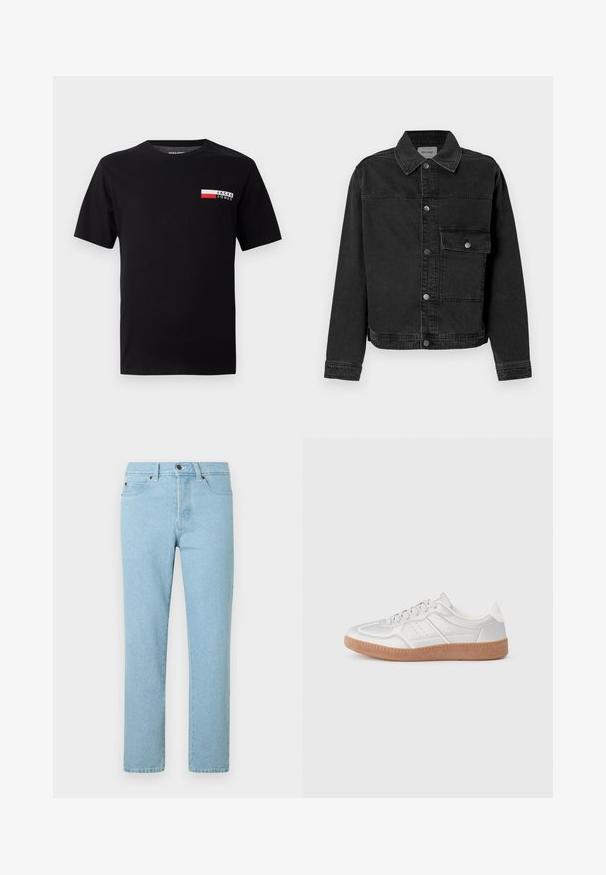 Schwarze Denimjacke mit durchgehender Knopfleiste, einer Brusttasche und klassischem Kragen. Verfügt über sichtbare Nähte und strukturierten Stoff.; Schwarzes Baumwoll-T-Shirt mit einem kleinen Logodesign und einem rechteckigen Farbbereich in Rot und Weiß im linken Brustbereich.; Hellblaue Jeans aus Denim mit geradem Schnitt, Fünf-Taschen-Design und Metallknopfverschluss. Sie zeichnen sich durch dezentes Verblassen und eine glatte Textur aus.; Silberne Sneakers mit glatter Textur, Schnürdesign, durchbrochenen Akzenten und einer strukturierten braunen Gummisohle.