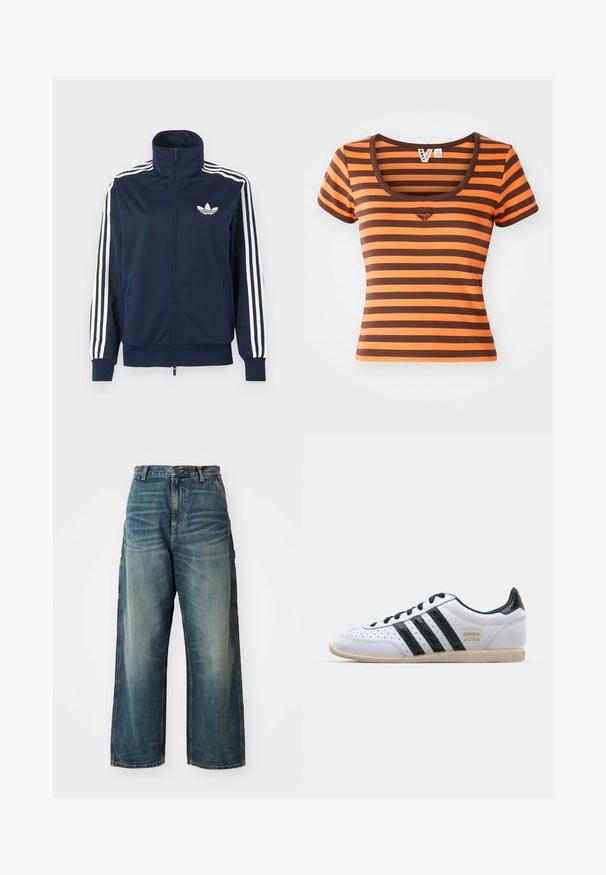 Marineblå sportjakke med lynlås, med hvide tre-stribe detaljer på ærmerne og et hvidt trefoil-logo på venstre bryst.; Stribet T-shirt med orange og brune nuancer, lavet af ribbet stof. Har en rund halsudskæring og korte ærmer, med et hjerte-logo på brystet.; Bredde ben denim jeans i en falmet blå vask. Har en knaplukning, fem lommer og synlige sømme. Materialet har en glat tekstur.; adidas Originals JAPAN - Sneakers - footwear white/collegiate green/aurora ivy