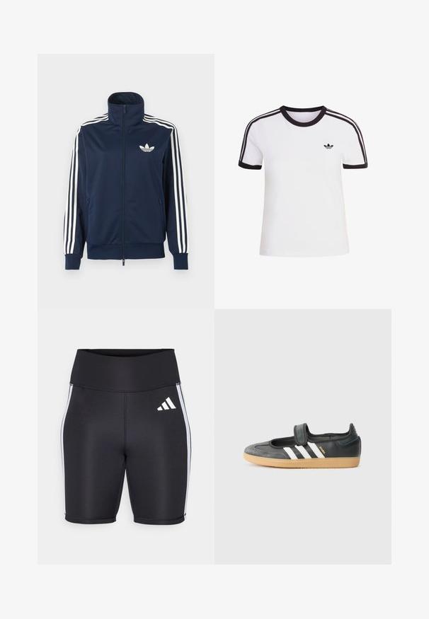 Tmavomodrá športová bunda na zips s bielymi tromi pruhmi na rukávoch a bielym logom trefla na ľavej strane hrudníka.; Biele tričko s krátkym rukávom s čiernymi detailmi, s okrúhlym výstrihom a tromi čiernymi pruhmi na každom ramene. Malé čierne logo na hrudi.; Čierne športové šortky s vysokým pásom, bielymi bočnými pruhmi a malým bielym logom. Hladká tkanina s priliehavým strihom.; Čierne kožené a zamšové tenisky s Velcro pásikom, s tromi bielymi pruhmi a gumenou podrážkou, označené nápisom "SAMBA" na boku.
