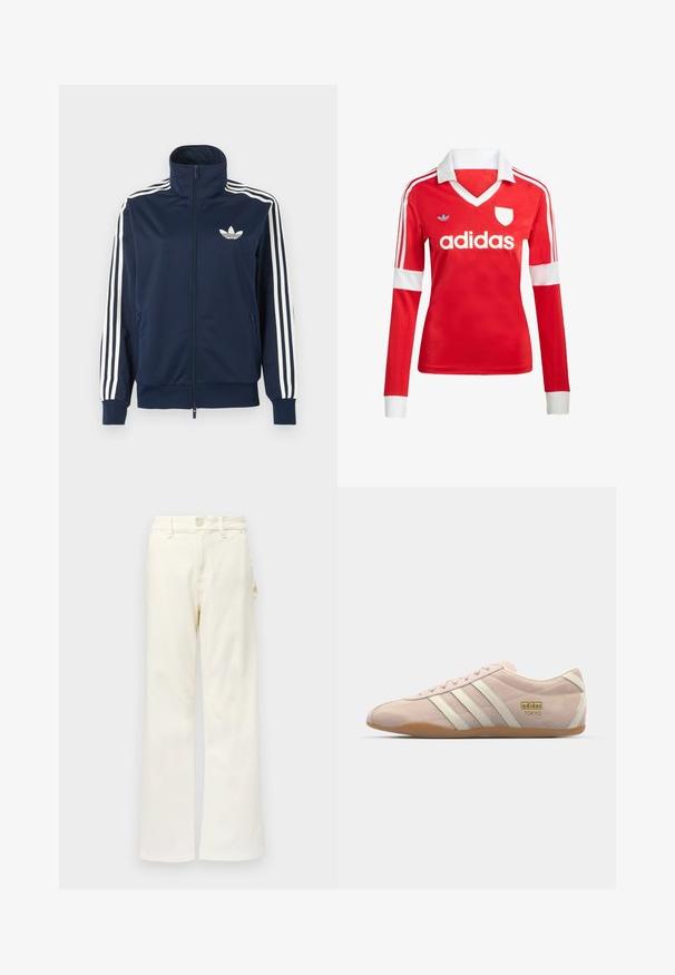 Chaqueta deportiva azul marino con cremallera, con detalle de tres franjas blancas en las mangas y un logo blanco de trébol en el pecho izquierdo.; Camiseta de fútbol de manga larga roja con un cuello y puños blancos. Presenta tres rayas blancas en los hombros y el logotipo de "adidas" en un lugar destacado.; Good American GOOD 90S CARPENTER - Pernera ancha - white denim; adidas Originals TOKYO - Zapatillas - quartz/off white