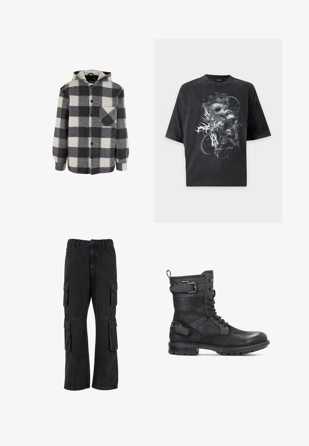 Geruite hoodie in zwart-wit; heeft knopen, een borstzak en lange mouwen; gemaakt van zachte, gestructureerde stof.; Zwart oversized T-shirt met korte mouwen met een grijze abstracte afbeelding van een vervormd gezicht en organische vormen aan de voorkant.; Zwarte cargobroek van denim, met een losse pasvorm, meerdere zijzakken en gestikte details. De textuur is iets vervaagd.; Kazar HEARD - Cowboy-/Bikerlaarsjes - black