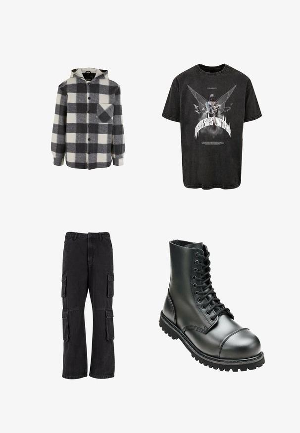 Kariertes Hemd mit Kapuze in Schwarz und Weiß; verfügt über Knöpfe, eine Brusttasche und lange Ärmel; aus weichem, strukturiertem Stoff.; Schwarzes, übergroßes T-Shirt aus Denim mit einem Grafikdesign einer Statue mit Flügeln und Text sowie einer leicht abgenutzten Textur.; Schwarze Cargo-Hosen aus Denim, mit lockerer Passform, mehreren Seitentaschen und genähten Details. Die Textur ist leicht verblasst.; Schwarze Lederkampfstiefel mit hohem Knöchel, runder Zehenpartie, Schnürung vorne und robustem Gummisohle mit tiefem Profil für besseren Grip.