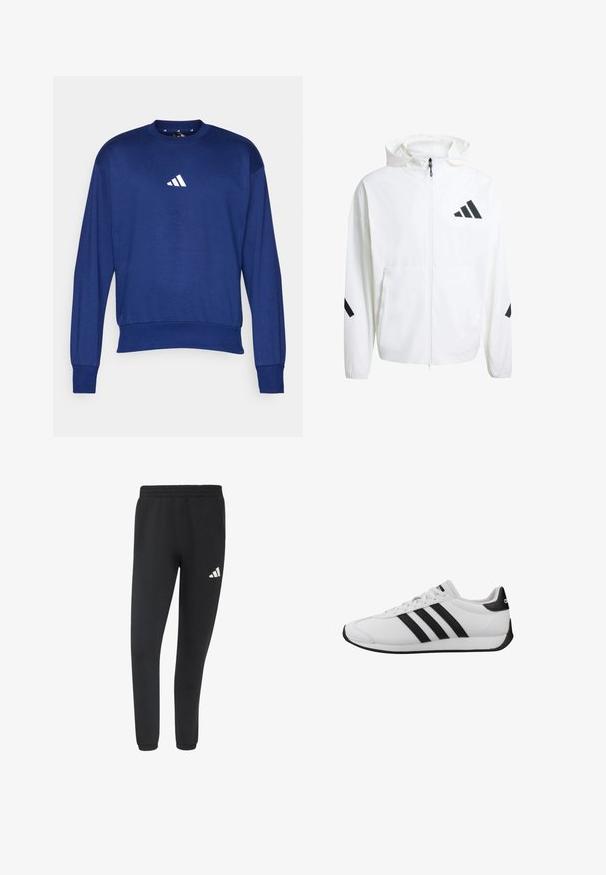 Chaqueta blanca ligera con capucha, con logotipo negro de Adidas y acentos diagonales en las mangas, cierre frontal con cremallera y dos bolsillos.; Sudadera azul de manga larga hecha de un tejido suave. Cuenta con un cuello redondo y un logo blanco de Adidas en el pecho. Puños y dobladillo acanalados.; Pantalones deportivos negros tipo jogger con cinturilla y puños elásticos, con un pequeño logo blanco de Adidas en el muslo derecho.; Zapatilla blanca de corte bajo con rayas negras, lengüeta trasera negra, cordones blancos y suela de goma negra, mostrada de perfil.