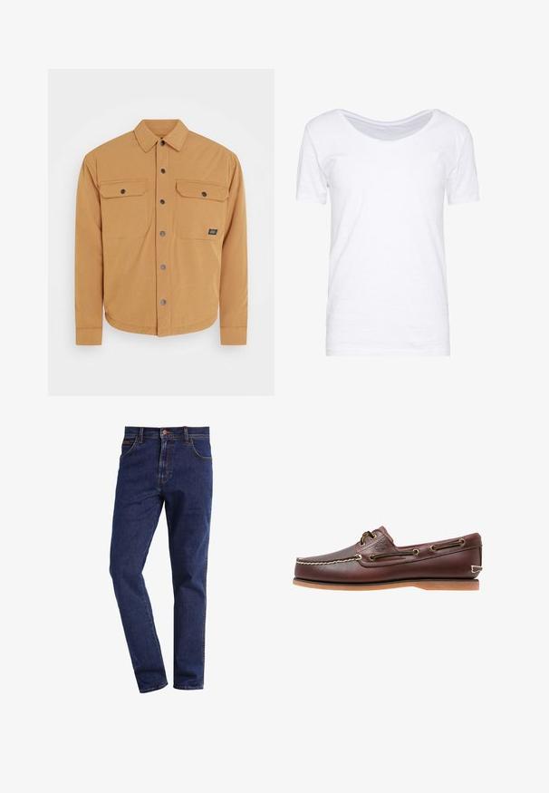 Beige Button-Down-Jacke mit geradem Kragen, zwei Brusttaschen und schwarzen Druckknöpfen. Glatte Textur und abgerundeter Saum am unteren Ende.; Weißes T-Shirt mit kurzen Ärmeln, Rundhalsausschnitt, weicher Textur, lockere Passform, gefertigt aus leichtem Stoff mit einem leichten Stretch. Keine Muster oder Akzente.; Dunkelblaue gerade geschnittene Denim-Jeans mit Vordertaschen, Knopfverschluss, Gürtelschlaufen und sichtbaren Nähten.; Brauner Leder-Bootsschuh mit weißen Nähten, Schnürdetails und hellbrauner Gummisohle, seitlich auf weißem Hintergrund gezeigt.