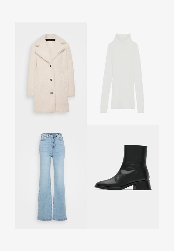 Cream-colored, textured coat with a notched collar, two side pockets, and dark buttons, featuring a soft, fluffy material.; White ribbed turtleneck sweater with long sleeves, soft texture, and a high roll collar, featuring a fitted design and no visible fastenings.; Light blue flared jeans made of denim, featuring a high waist, five-pocket design, and a raw hem at the bottom. Texture is slightly worn.; Black ankle boot made of shiny leather, featuring a sleek design, pointed toe, and a moderate block heel for stability.