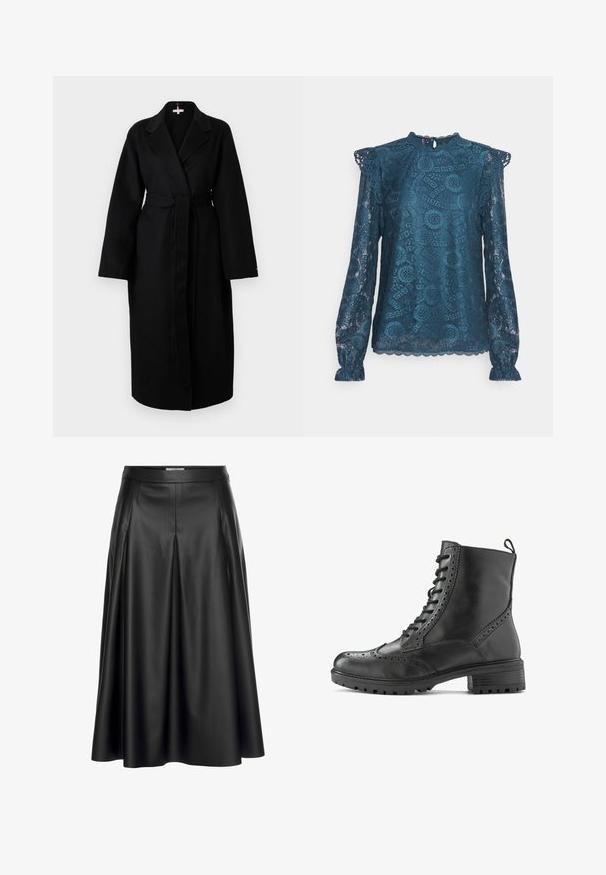 Lange zwarte jas met een wikkelontwerp, brede inslagkraag en een zelfstrikband. Heeft lange mouwen en een rechte, vloeiende siloeet.; PIECES Tall PCOLLINE - Blouse - reflecting pond; Zwarte leren maxi-rok met hoge taille, geplooid ontwerp en gladde textuur. Benadrukt een vloeiende silhouet.; Zwarte leren enkellaars met brogue details, vetersluiting, robuuste zool en een lusje bij de hiel voor gemakkelijk aan- en uittrekken.