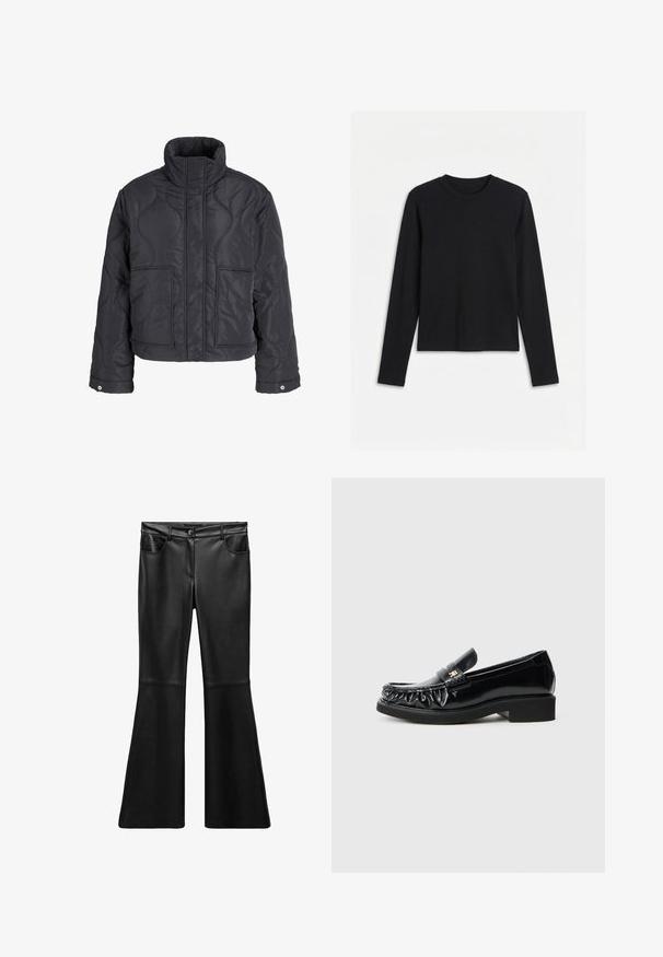 Chaqueta negra acolchada con cuello alto, bolsillos delanteros, mangas largas y botones a presión en los puños, mostrada sobre un fondo blanco liso.; Camiseta negra de manga larga con cuello redondo y diseño ajustado y sencillo, mostrada sobre fondo blanco.; Pantalones acampanados de cuero sintético negro con una textura suave, cintura alta, bolsillos frontales y cremallera. Presentan detalles de costura en las piernas.; Mocasines de charol negro con un borde decorativo recogido, suela de goma plana y un pequeño logotipo metálico como acento en la correa.