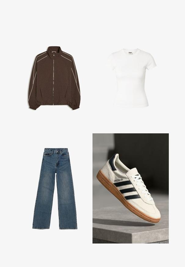 Bruine jas met ritssluiting en klein ruitpatroon, witte bies langs de schouders en mouwen, elastische manchetten en een opstaande kraag.; Getailleerd wit T-shirt met korte mouwen en ronde hals met Urban Classics-label aan de binnenkant van de hals.; Blauwe denim wijd uitgesneden jeans met een hoge taille, vijf zakken en contrasterende stiksels. Vervagingen en lichte slijtage zichtbaar op de stof.; Witte suède sneakers met marineblauwe strepen, rubberen gumzool, gestructureerde bovenkant, ronde neus en veters; heeft branding aan de zijkant en op de tong.