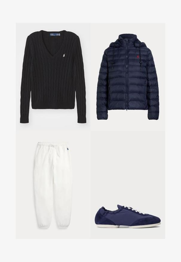 Marineblaue gesteppte Steppjacke mit Kapuze, Frontreißverschluss, Seitentaschen und rotem Sticklogo auf der linken Brust.; Schwarzer kabelgestrickter V-Ausschnitt-Pullover mit gerippten Bündchen und Saum. Enthält ein kleines gesticktes Logo auf der Brust. Hergestellt aus strukturiertem Garn.; Weiße Sweatpants mit elastischem Bund, Kordelzug und elastischen Bündchen, mit kleinem dunkelblau besticktem Logo an der linken Hüfte.; Marineblaue lässige Sneaker mit weißen Schnürsenkeln und Sohle, mit Wildlederakzenten und einem flachen Design.