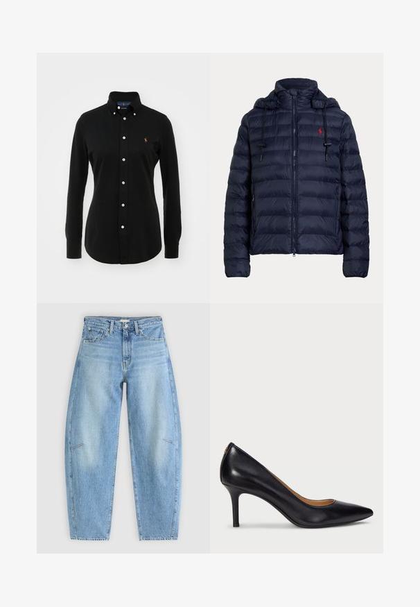 Marineblaue gesteppte Steppjacke mit Kapuze, Frontreißverschluss, Seitentaschen und rotem Sticklogo auf der linken Brust.; Schwarzes Langarmhemd aus Baumwolle mit Button-Down-Kragen, ausgestattet mit weißen Knöpfen und einem kleinen gestickten Logo auf der Brust.; Helles, blaues Denim-Jeans mit lockerem Schnitt, ausgestattet mit einer hohen Taille, geraden Beinen und dezenten Nähten an den Vorderentaschen.; Lauren Ralph Lauren LANETTE PUMPS CLOSED TOE - Pumps - black