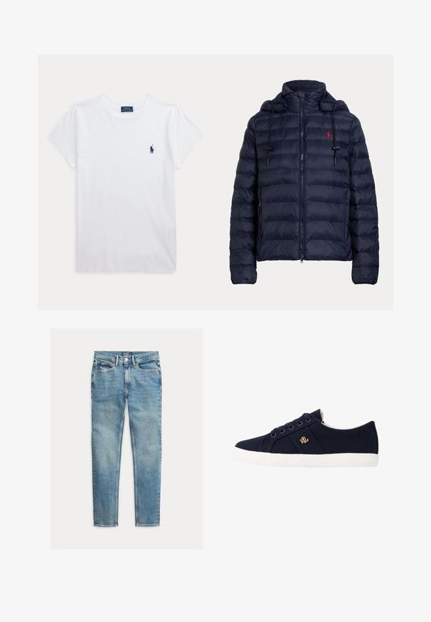 Mørkeblå quiltet dunjakke med hætte, lynlås foran, sidelommer og rødt broderet logo på venstre bryst.; Hvid t-shirt med korte ærmer og rund hals med lille navyblåt Polo Ralph Lauren-logo på venstre bryst.; Lyseblå slim-fit jeans med fem lommer og knaplukning, lagt fladt på en hvid baggrund.; Lauren Ralph Lauren JANSON II CANVAS SNEAKER - Sneakers - navy