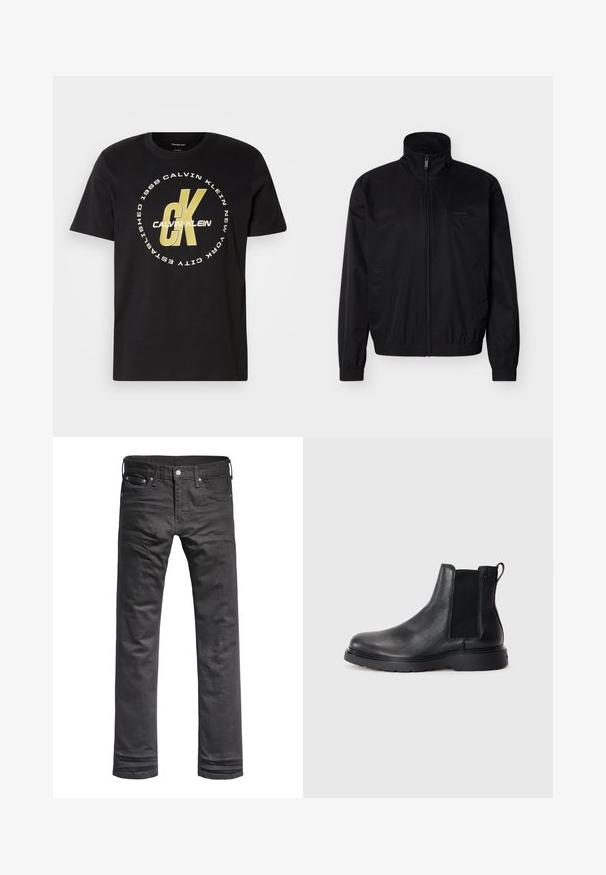 Sort lynlåsjakke lavet af let materiale med høj krave, elastiske manchetter og kant. Har sidelommer og et diskret logo.; Sort bomulds T-shirt med korte ærmer, rund hals og stort hvidt og guld grafisk logo med "Calvin Klein" og "CK."; Sorte denim jeans med et klassisk lige ben-design. Har frontlommer, knaplukning og diskrete syninger.; Sorte læder chelsea støvler med tekstureret finish, elastiske sidepaneler og en robust gummisål. Subtil branding på hælen.