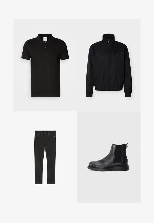 Zwarte jas met ritssluiting gemaakt van lichtgewicht materiaal, met een hoge kraag, elastische manchetten en zoom. Heeft zijzakken en een subtiel logo.; Zwarte polo met een gladde stof en een klassieke kraag. Bevat twee knopen bij de hals, korte mouwen en een subtiel logo op de borst.; Zwarte denim jeans met een slanke pasvorm, voorzien van vier zakken, een metalen knoopsluiting en lichte slijtage-details. Soepele textuur en klassiek ontwerp.; Zwarte leren Chelsea boots met een gestructureerde afwerking, elastische zijpanelen en een stevige rubberen zool. Subtiele branding op de hiel.