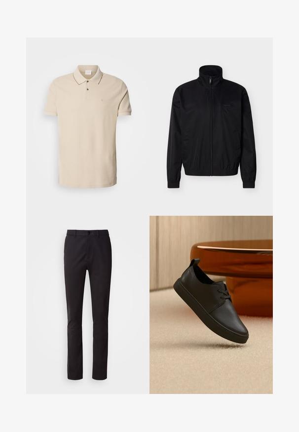 Schwarze Reißverschlussjacke aus leichtem Material mit hohem Kragen, elastischen Bündchen und Saum. Verfügt über Seitentaschen und ein dezentes Logo.; Beige Poloshirt aus Baumwolle, mit einer Knopfleiste mit zwei Knöpfen, kurzen Ärmeln und einem kleinen Logo auf der Brust. Kontrastierende Nähte.; Schwarze Hose mit geradem Bein, vorderem Knopf, Gürtelschlaufen und Seitentaschen, auf weißem Hintergrund dargestellt.; Schwarzer Freizeit-Sneaker aus Leder mit Schnürsenkeln, schwebt über einem beigen Teppich, im Hintergrund ein bernsteinfarbenes, rundes Glastisch.