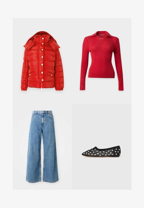 Rote wattierte Jacke mit abnehmbarem Kapuzen, Druckknöpfen, Reißverschluss und aufgesetzten Taschen vorne.; Rotes langärmliges, geripptes Strickoberteil mit kleinem Kragen und taillierter Passform, das den Text "STINE GOYA" nahe am Ausschnitt zeigt.; Hochbundige, hellblaue, weit geschnittene Jeans mit Frontknopf, Reißverschluss und Fronttaschen auf weißem Hintergrund.; Schwarzer flacher Schuh mit spitzem Zehenbereich, aus Netzstoff mit großen silbernen Punkten und einer kleinen Schleifchen-Applikation an der Vorderseite. Strukturierter Stoff.