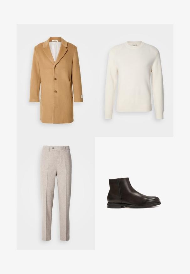 Beige Wollmantel mit Reverskragen, einreihiger Front, drei Knöpfen und seitlichen Taschen. Glatte Textur und mittellanges Design.; Weißer, langärmliger Pullover aus weichem Stoff, mit rundem Rundhalsausschnitt sowie gerippten Bündchen und Saum, minimalistisch gestaltet ohne Muster.; Hellebeige Wollhosen mit glatter Textur, geradem Schnitt, Vorderfalten und einem einzigen Knopfverschluss am Bund.; Schwarze Leder-Ankle-Boots mit glatter Textur, runder Zehenform und niedrigem Absatz. Verfügt über einen seitlichen Reißverschluss für einfaches An- und Ausziehen.
