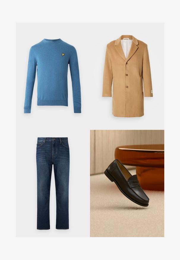 Manteau en laine beige avec un col cranté, un devant à boutonnage simple, trois boutons et des poches latérales. Texture lisse et design de longueur intermédiaire.; Pull en maille bleu à manches longues, col rond, avec un petit logo d'oiseau jaune sur la poitrine gauche. Texture lisse et coupe ajustée.; Jean en denim bleu foncé avec une coupe droite, doté d'une fermeture à boutons à l'avant et de subtils délavages sur le tissu.; Chaussure mocassin en cuir noir suspendue au-dessus d’un tapis beige avec du mobilier moderne couleur ambre en arrière-plan.