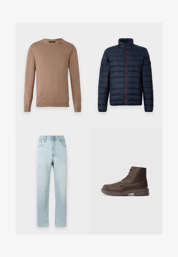 Marineblå quiltet dunjakke med stående krave, fuld rød lynlås, lange ærmer og sidelommer, vist på ensfarvet baggrund.; Beige langærmet sweater med rund halsudskæring, lavet af blødt, tekstureret stof. Har ribbede manchetter og søm samt en lille logodetalje.; Lysblå denimjeans med lige snit, fem-lomme design og knaplukning i taljen. Glat tekstur og diskret falmning.; Brune læder snørebånd ankelstøvle med tyk robust sål og metaløjelet, set fra siden på ensfarvet lys grå baggrund.