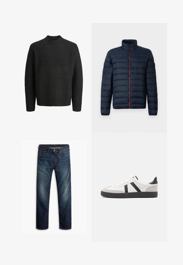 Marineblå quiltet dunjakke med stående krave, fuld rød lynlås, lange ærmer og sidelommer, vist på ensfarvet baggrund.; Sort strikket crewneck-sweater med lange ærmer og ribbede manchetter og kant, vist på hvid baggrund.; Mørkeblå denim jeans med let falming på lårene, fem-lomme design, knaplukning og synlig orange syning mod en hvid baggrund.; Hvide sneakers med sorte og grå detaljer, med en tekstureret grå tåhætte, sort gummisål og flade hvide snørebånd. Rent design, minimalistisk stil.