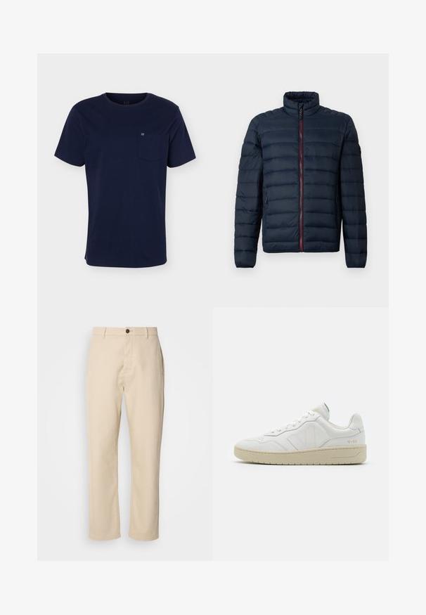 Marineblauwe gewatteerde donsjacket met opstaande kraag, volledige rode ritssluiting, lange mouwen en zijzakken, weergegeven op een effen achtergrond.; Marineblauw T-shirt met korte mouwen en een ronde hals, met een borstzakje met een klein logo op een effen achtergrond.; Beige katoenen broek met rechte benen, een sluiting met een voorste knoop, zijzakken en een soepele textuur. Minimalistisch ontwerp, zonder zichtbare patronen.; Witte leren sneakers met een gestructureerde afwerking en een gevoerde kraag. Voorzien van een beige rubberen zool en subtiele branding op de hiel en zijkant.