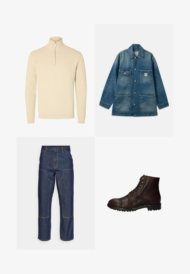 Denim-takki keskisinisenä, jossa leveä kaulus, painonapit, kaksi rintataskua ja kaksi etutaskua. Kulutettu pinta näkyvissä.; Beigen värinen neulepaita, jossa korkea resorikaulus ja lyhyt vetoketju edessä, pitkät hihat sekä resorireunukset hihoissa ja helmassa.; Tummansiniset farkut, joissa on korkea vyötärö, suora lahje, eriväriset ompeleet ja etupuolella pakki-taskut.; Tummanruskea nahkasaapas, jossa on mustat nauhat ja kova kumipohja, nähtynä ulkopuolelta.