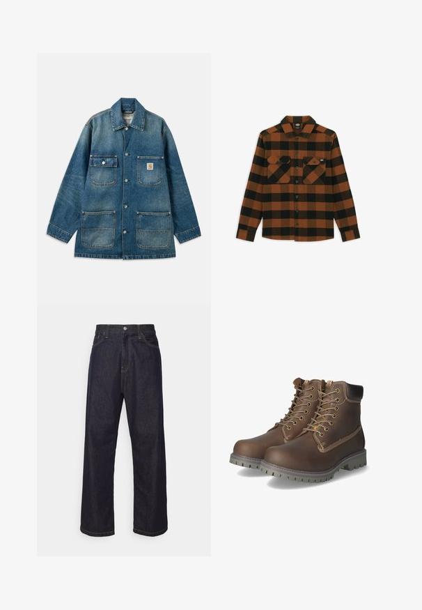 Jeansjacke in mittlerem Blau mit weitem Kragen, Druckknopfverschlüssen, zwei Brusttaschen und zwei aufgesetzten Vordertaschen. Sichtbare Used-Optik.; Langärmliges Hemd im orange-schwarz karierten Muster, aus einem strukturierten Stoff gefertigt. Verfügt über zwei Brusttaschen und eine geknöpfte Vorderseite.; Dunkelblaue Jeans im geraden Schnitt mit gelben Nähten, Knopfverschluss, Reißverschluss und Fünf-Taschen-Design.; Braune Leder-Ankle-Boots mit Schnürung, gepolstertem Kragen, kontrastierenden Nähten und rutschfester Gummisohle mit Trittmuster.