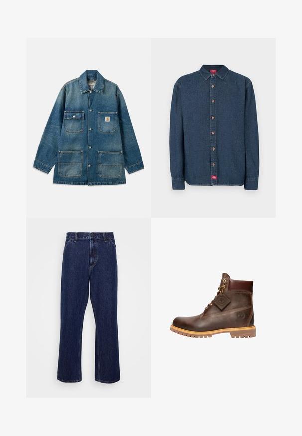 Jeansjacke in mittlerem Blau mit weitem Kragen, Druckknopfverschlüssen, zwei Brusttaschen und zwei aufgesetzten Vordertaschen. Sichtbare Used-Optik.; Dunkelblaues Denim-Hemd mit Knöpfen, spitzem Kragen, langen Ärmeln und kupferfarbenen Knöpfen. Verfügt über ein kleines rotes Etikett auf der linken Seite.; Dunkelblaue Jeans aus Denim mit geradem Bein, ausgestattet mit einem Knopfverschluss, Fünf-Taschen-Style und dezenten Nähten.; Braune Leder-Ankelstiefel mit runder Zehenpartie, robuster Sohle, goldfarbener Hardware und strukturiertem Obermaterial. Enthält ein angehängtes Logo-Tag.