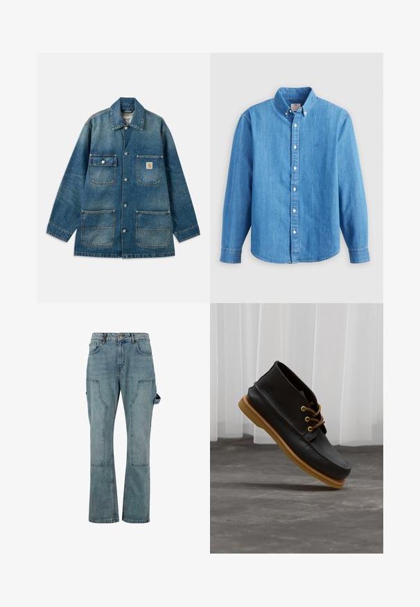 Jeansjacke in mittlerem Blau mit weitem Kragen, Druckknopfverschlüssen, zwei Brusttaschen und zwei aufgesetzten Vordertaschen. Sichtbare Used-Optik.; Hellblaues Jeanshemd mit langen Ärmeln, button-down Kragen und weißen Knöpfen. Verfügt über ein kleines besticktes Logo auf der Brust.; Hellblaue Denim-Cargo-Hose mit geradem Bein, ausgestattet mit mehreren Taschen und einem Knopfverschluss an der Taille.; Schwarze Lederschuhe mit glatter Oberfläche, runder Zehenform, braunen Schnürsenkeln und hellbraunen Gummisohlen. Logo an der Seite geprägt.