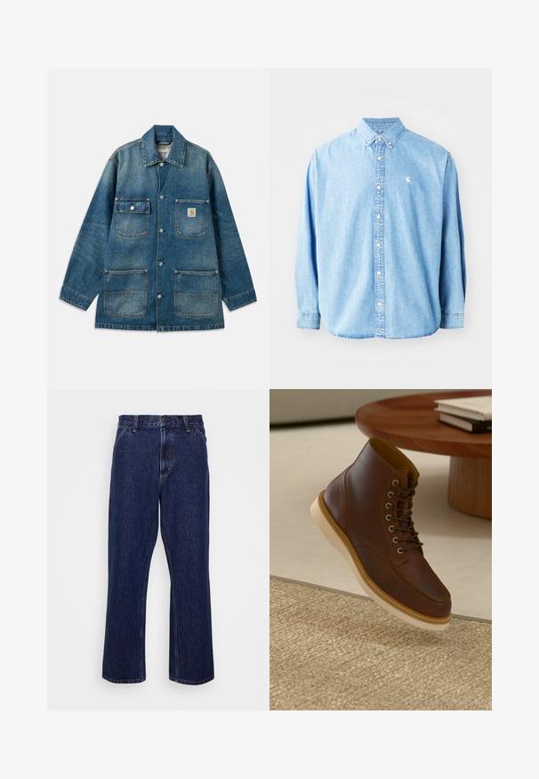 Veste en denim bleu moyen, dotée d'un col classique, de boutons-pression, de deux poches poitrine et de deux poches plaquées à l'avant. Texture usée visible.; Chemise en denim bleu clair à boutons avec manches longues, col pointu et petit logo sur la poitrine gauche. Offre une coupe décontractée et un design classique.; Jeans en denim bleu foncé avec une coupe droite, dotés d'une fermeture à bouton, d'un style à cinq poches et de détails de couture subtils.; Bottine en cuir marron avec semelle beige sur un tapis beige texturé à côté d'une table ronde en bois avec des livres empilés.