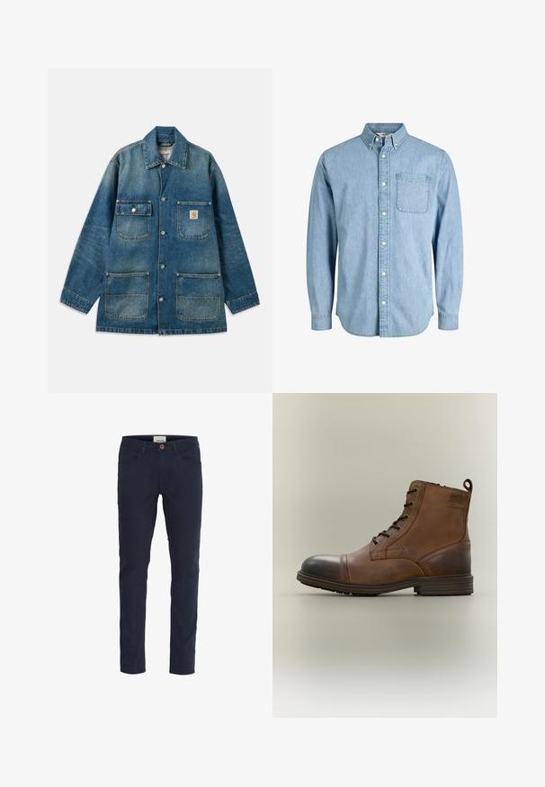Jeansjacke in mittlerem Blau mit weitem Kragen, Druckknopfverschlüssen, zwei Brusttaschen und zwei aufgesetzten Vordertaschen. Sichtbare Used-Optik.; Hellblaues Denim-Hemd mit Knöpfen, langen Ärmeln, Kragen, Fronttasche und dezenter Textur. Verfügt über weiße Knöpfe entlang der Knopfleiste.; Marineblaue Hosen aus einem Baumwollmischgewebe. Slim-Fit-Design mit fünf Taschen, einem Knopfverschluss und einer glatten Textur.; Brauner Leder-Schnürstiefel bis zum Knöchel mit schwarzer Zehenkappe, runder Sohle und Markenlabel an der Seite vor schlichtem Hintergrund.