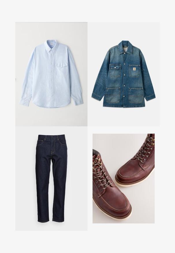 Denimjakke i mellemblå, med en spredekrave, trykknapper, to brystlommer og to forlommer. Slidt struktur er synlig.; Lyseblå skjorte med knapper lavet af blødt stof, med klassisk krave, lange ærmer og en brystlomme med klap.; Mørkeblå denimjeans med lige pasform, fem lommer og kontrasterende gul syning. Designet med en klassisk knap- og lynlåslukning.; Brune læderstøvler med en glat finish, med metal-øjer, grå snørebånd og en cremefarvet gummisål. Syning langs kanterne som detalje.