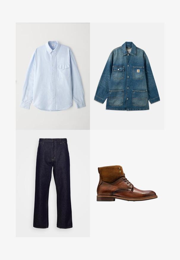 Jeansjacke in mittlerem Blau mit weitem Kragen, Druckknopfverschlüssen, zwei Brusttaschen und zwei aufgesetzten Vordertaschen. Sichtbare Used-Optik.; Hellblaues, knöpfbares Hemd aus weichem Stoff, mit einem klassischen Kragen, langen Ärmeln und einer Brusttasche mit Klappe.; Dunkelblaue gerade geschnittene Jeans aus Denim mit vorderen Taschen, Gürtelschlaufen, Reißverschluss und Knopfverschluss, präsentiert vor einem schlichten weißen Hintergrund.; Kazar ALID - Schnürstiefelette - brown