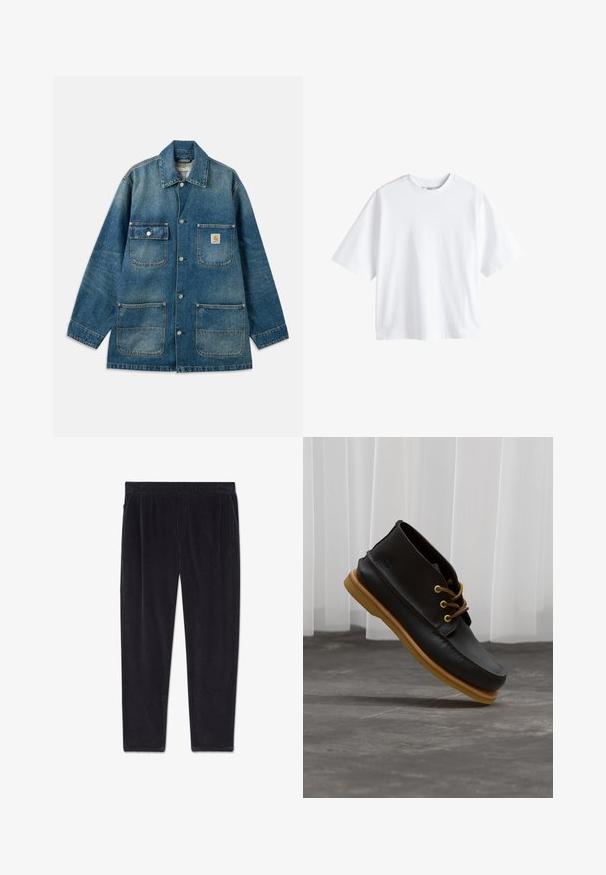 Denimjakke i mellemblå, med en spredekrave, trykknapper, to brystlommer og to forlommer. Slidt struktur er synlig.; Next BOXY FIT - HEAVYWEIGHT T-SHIRT . - T-shirts basic - white; Sorte ribbet kordbuksbukser med elastisk talje og sidelommer, vist fladt på en hvid baggrund.; Sorte lædersko med en glat overflade, rund tå, brune snørebånd og lysebrune gummisåler. Logo præget på siden.