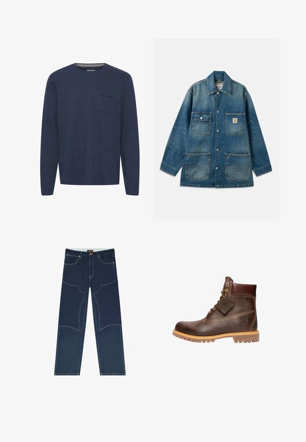Denimjakke i mellemblå, med en spredekrave, trykknapper, to brystlommer og to forlommer. Slidt struktur er synlig.; Mørkeblå langærmet skjorte lavet af struktureret stof, med en brystlomme og en rund halsudskæring med en diskret stribet detalje indeni kraven.; Mørkeblå denimjeans med forstærkede knæpaneler, fem lommer, kontrastsyning og lukning med knap i taljen.; Brun læder ankelstøvle med rund tå, solid sål, hardware i guldtone og en tekstureret overdel. Inkluderer et logo-tagfæstet.
