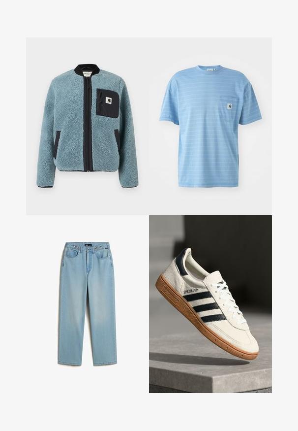 Blauwe fleecejack met een gestructureerd oppervlak, zwarte ritszakken, staande kraag en voorrits. Bevat een logo-opdruk op de borstzak.; Lichtblauw, T-shirt met korte mouwen en horizontale strepen. Beschikt over een borstzak met een logo patch. Gemaakt van zachte katoen.; Vans CINCHED CHECK - Baggy jeans - light stonewash; Witte suède sneakers met marineblauwe strepen, rubberen gumzool, gestructureerde bovenkant, ronde neus en veters; heeft branding aan de zijkant en op de tong.