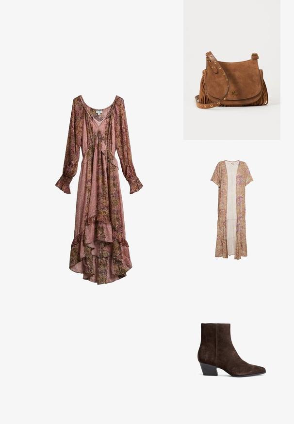 Dlhý, ľahký kimono svetlohnedej farby s paisley vzorom v ružovej a fialovej farbe. Má krátke rukávy a vrstvený lem.; Ružové a hnedé kvetinové šaty s dlhým rukávom, s volánikovým lemom, výstrihom do V a zúženými manžetami, vyrobené z ľahkej tkaniny.; Hnedé semišové členkové topánky s špicatou špičkou, stredným blokovým podpätkom a minimálnym šitím pre elegantný vzhľad.; Hnedá semišová kabelka crossbody so zlatými očkami na nastaviteľnom popruhu, detailmi strapcov na stranách a malým zlatým logom RLL na prednom klape.