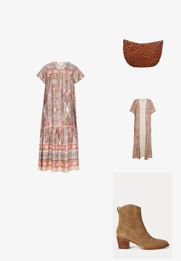 Lange, lichte kimono in lichtbruin met paisleypatroon in roze en paars. Heeft korte mouwen en een gelaagde zoom.; Maxi-jurk van lichtgewicht stof met een paisleypatroon in tinten van oranje, beige en bruin, met een gelaagd ontwerp en korte mouwen.; Bruine suède enkellaarzen met lage gestapelde houten hak en een trekkoord aan de achterkant op een effen lichte achtergrond.; Bruine leren schoudertas met geweven patroon en ritssluiting bovenop, afgebeeld tegen een witte achtergrond.