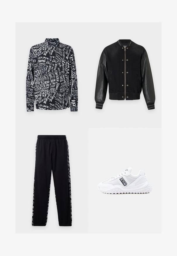 Schwarze Bomberjacke mit Denim-Körper, ledernen Ärmeln, gestreiften Rippenbündchen und Druckknopf-Details. Vorderer Reißverschluss und seitliche Taschen.; Schwarzes Langarmshirt mit weißem "Versace Jeans Couture"-Schriftzug in verschiedenen Schriftarten und Größen, mit hohem Kragen und entspannter Passform.; Schwarze Jogginghose mit elastischem Bund und Bündchen, mit weißem abstraktem Schriftzug entlang der äußeren Seitennaht.; Weiße Sportsneaker mit strukturiertem Profil, Mesh- und Kunststoffeinsätzen sowie schwarzen Logo-Akzenten an der Seite. Abgerundete Spitze und Schnürdesign.